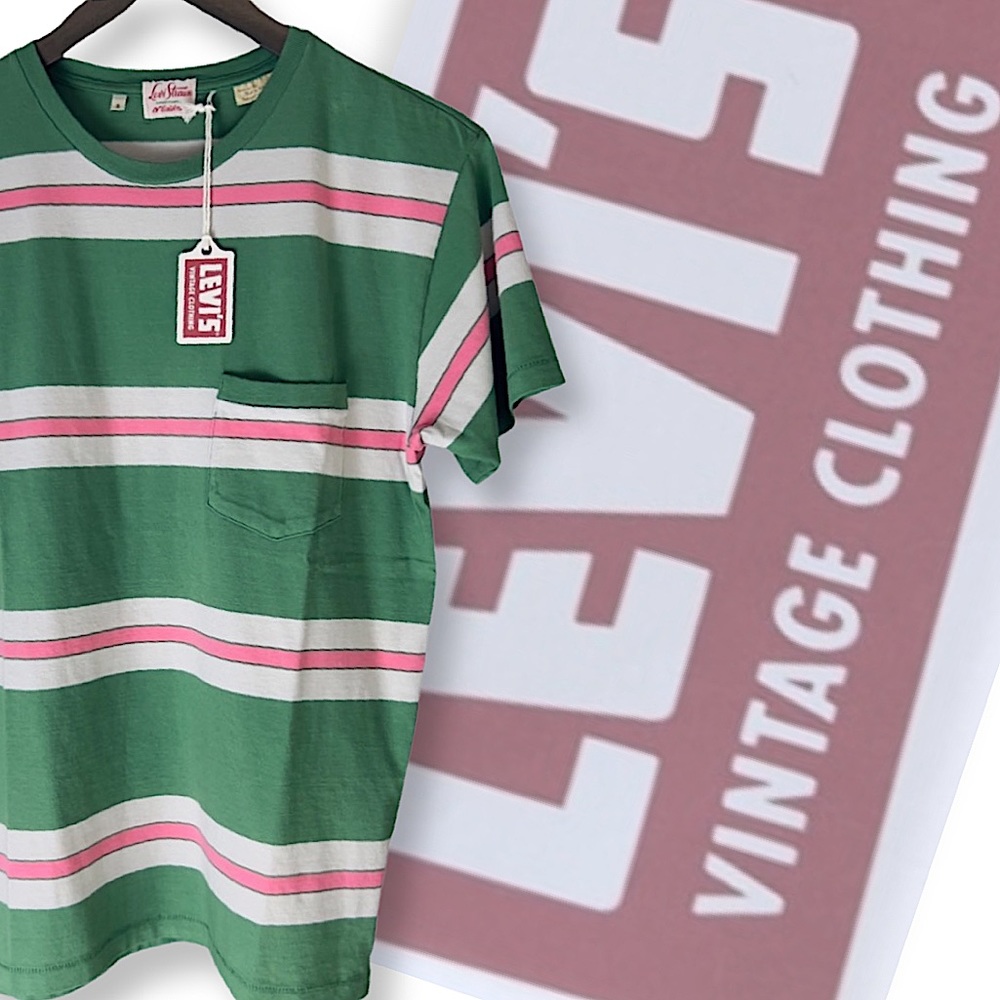 Levi’s Vintage Clothing 1940’s Split Hem Striped T-Shirt Pink/Green - Picture 2 of 16